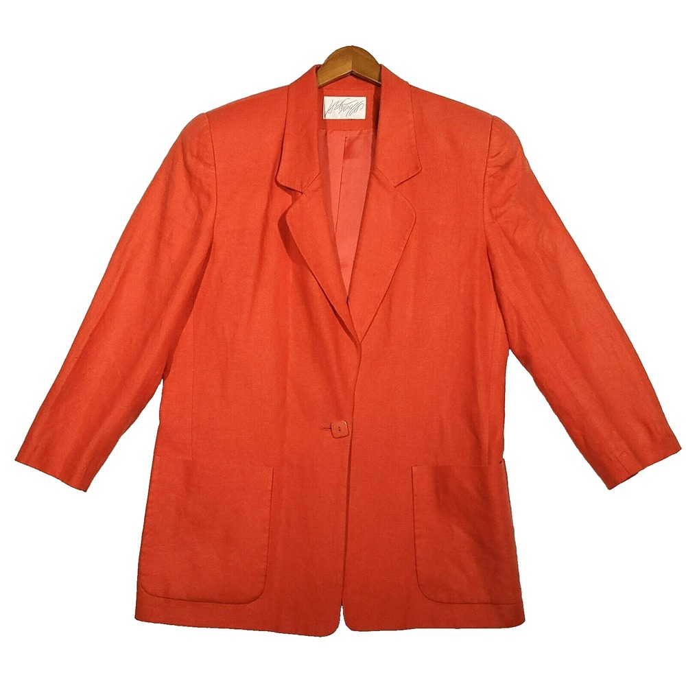 Vintage Lord & Taylor Jacket Women 12 Coral Pink Linen Lined 80's Boxy Blazer